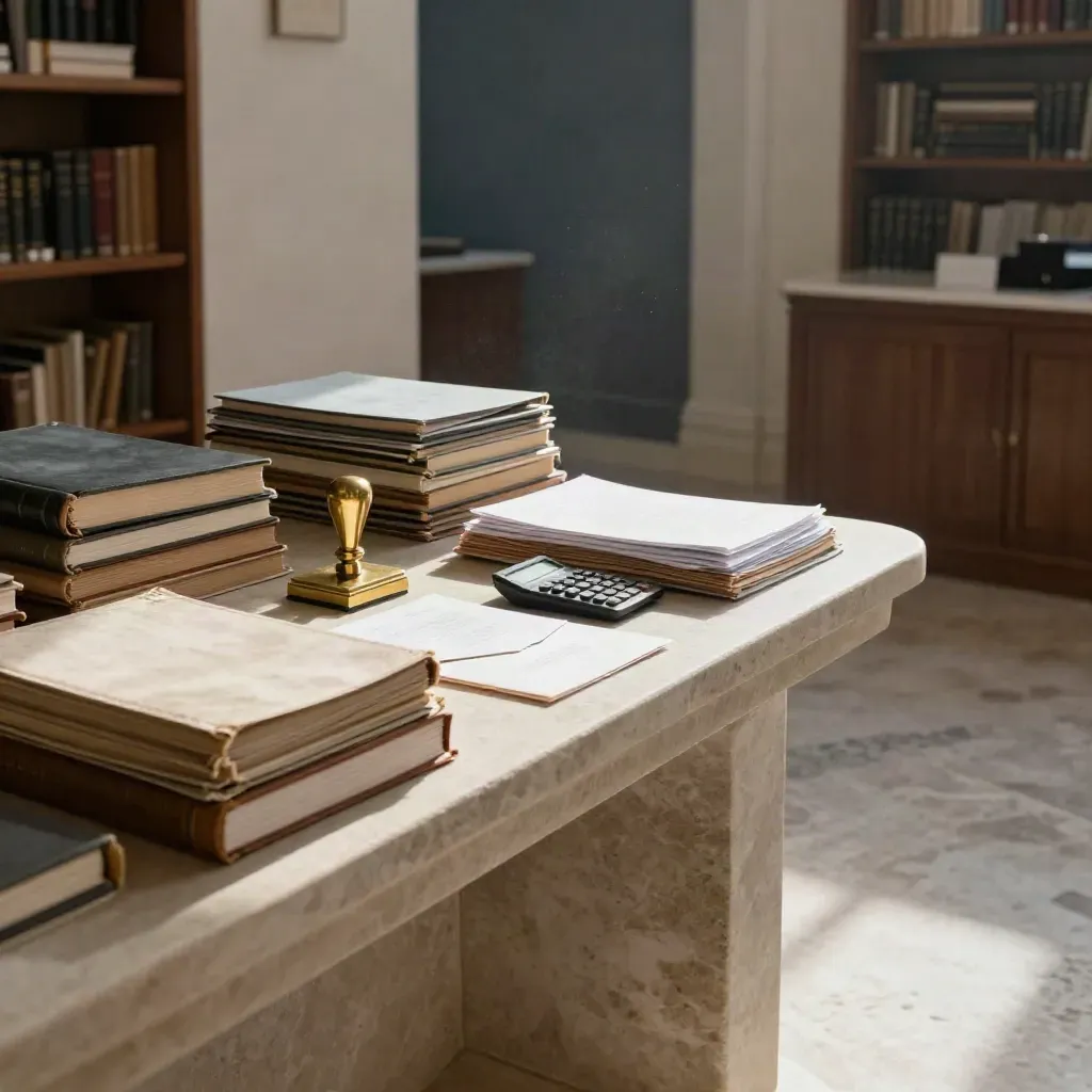 Interior de asesoría con archivador de piedra, carpetas, sellador y sobres en luz dramática.