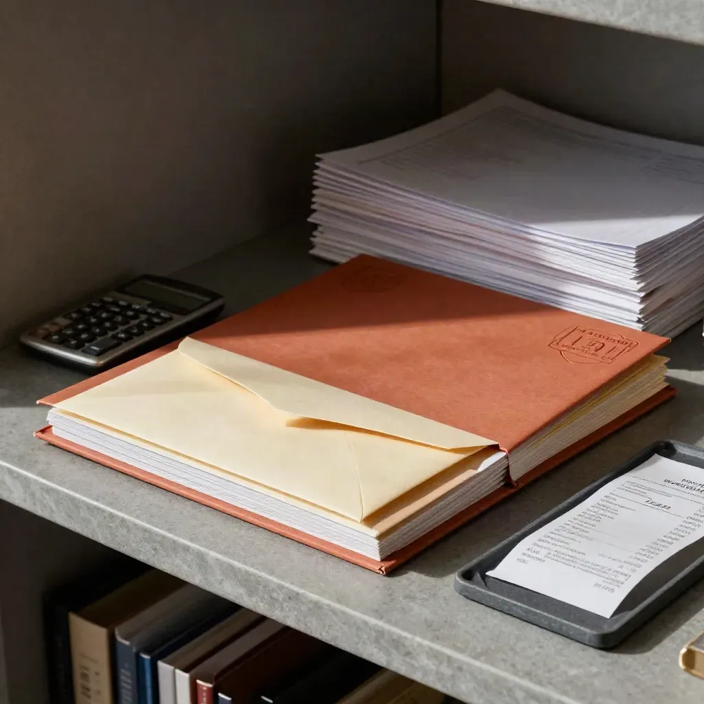 Carpeta fiscal con sobre, calculadora y archivador sobre una repisa de pizarra.