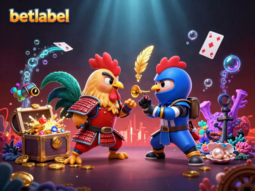 Betlabel combat with twin roosters in a 3D illustration showcasing casino elements amidst underwater riches.