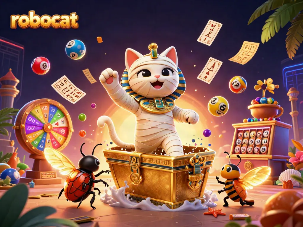 Engage with the robocat in a lively casino scene filled with dynamic gaming elements, enhancing your play experience.