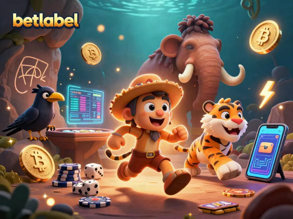 Engage with BetLabel's vibrant casino world featuring characters and crypto elements.